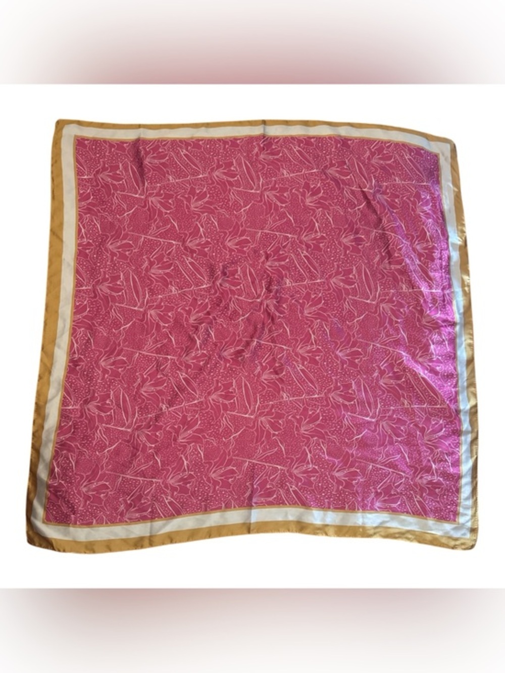 Pink Floral Patterned Scarf with Gold Border Size 34” X 34” Wrap Beach Coverup